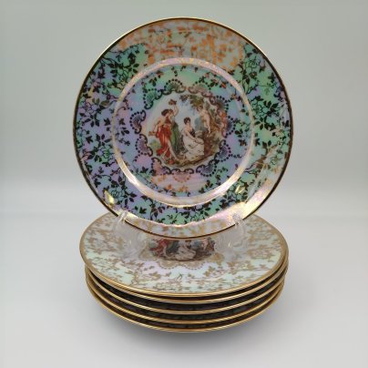 Набор пирожковых (закусочных) тарелок "Мадонна" на 6 персон, фарфор, люстр, деколь, золочение, Fortuna Eisenberg, ГДР, 1960-1973 гг.