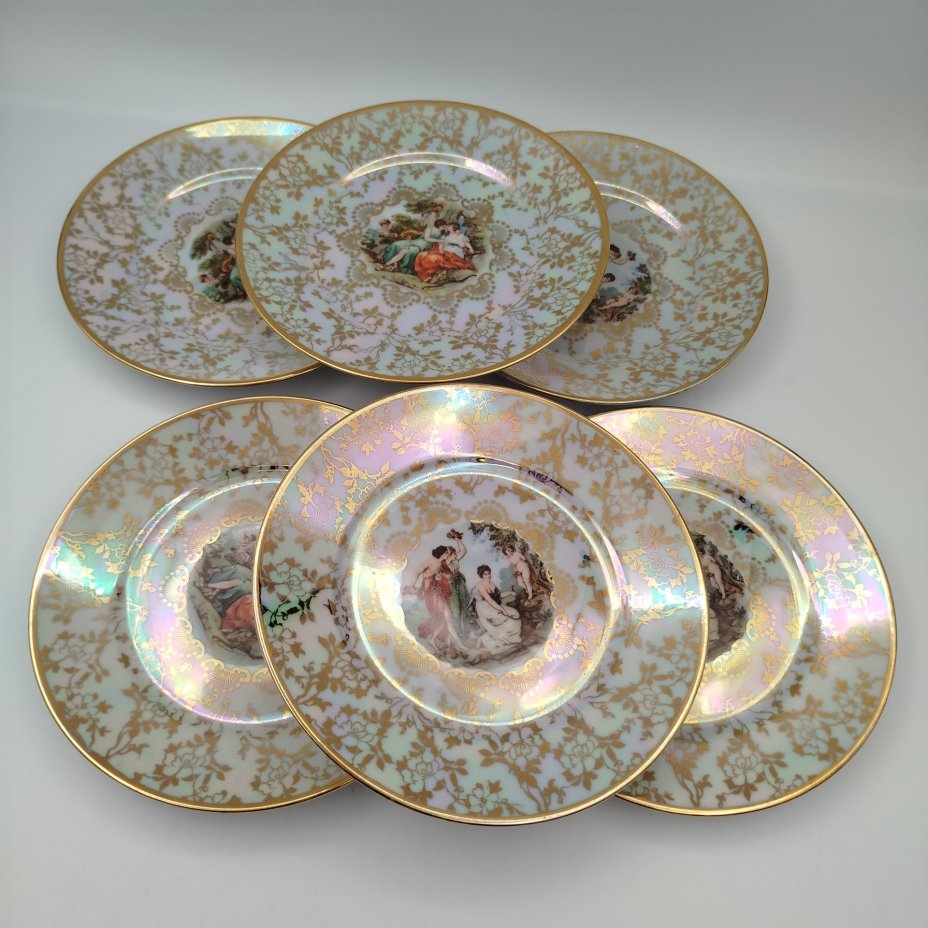Набор пирожковых (закусочных) тарелок "Мадонна" на 6 персон, фарфор, люстр, деколь, золочение, Fortuna Eisenberg, ГДР, 1960-1973 гг.