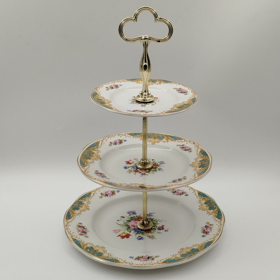 Фруктовница трехуровневая с цветочным декором, фаянс, деколь, металл, Enoch Wedgwood (Tunstall) Ltd., Великобритания, 1960-1980 гг.