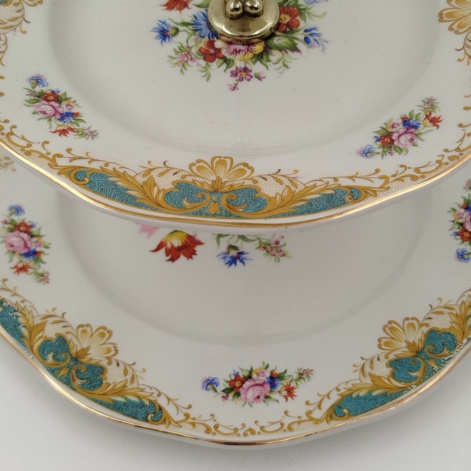 Фруктовница трехуровневая с цветочным декором, фаянс, деколь, металл, Enoch Wedgwood (Tunstall) Ltd., Великобритания, 1960-1980 гг.