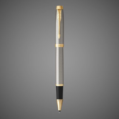Ручка роллер Parker IM Metal Core Brushed Metal GT, стержень: F, цвет чернил: black, в подарочной упаковке., Драгметаллы: позолота, сталь
