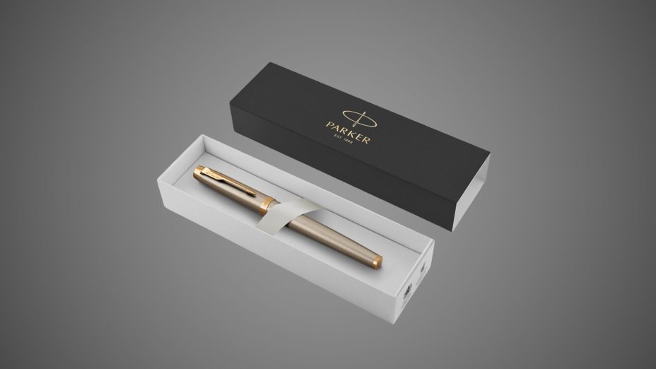 Ручка роллер Parker IM Metal Core Brushed Metal GT, стержень: F, цвет чернил: black, в подарочной упаковке., Драгметаллы: позолота, сталь