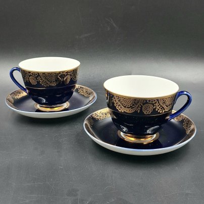 Набор из двух чайных пар с ажурным декором, фарфор, крытье кобальтом, золочение, Ленинградский фарфоровый завод (ЛФЗ), СССР, 1960-1990 гг.