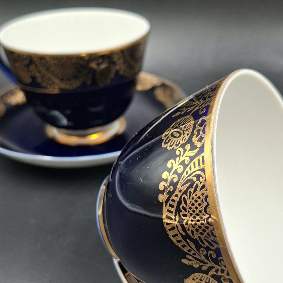 Набор из двух чайных пар с ажурным декором, фарфор, крытье кобальтом, золочение, Ленинградский фарфоровый завод (ЛФЗ), СССР, 1960-1990 гг.
