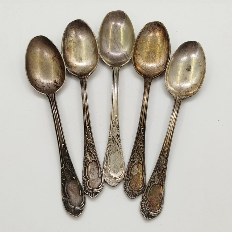 Набор из 5-ти чайных ложек "Дубок" (в подборе), мНЦ (медь-никель-цинк), Киевский завод столовых приборов и посуды им. Дзержинского (ЗiД, ЗиД), СССР, 1950-1960 гг.