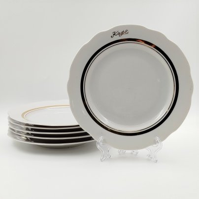 Набор десертных тарелок "Кафе" на 6 персон, фарфор, золочение, Дулевский фарфоровый завод (Дулёво), СССР, 1968-1991 гг.