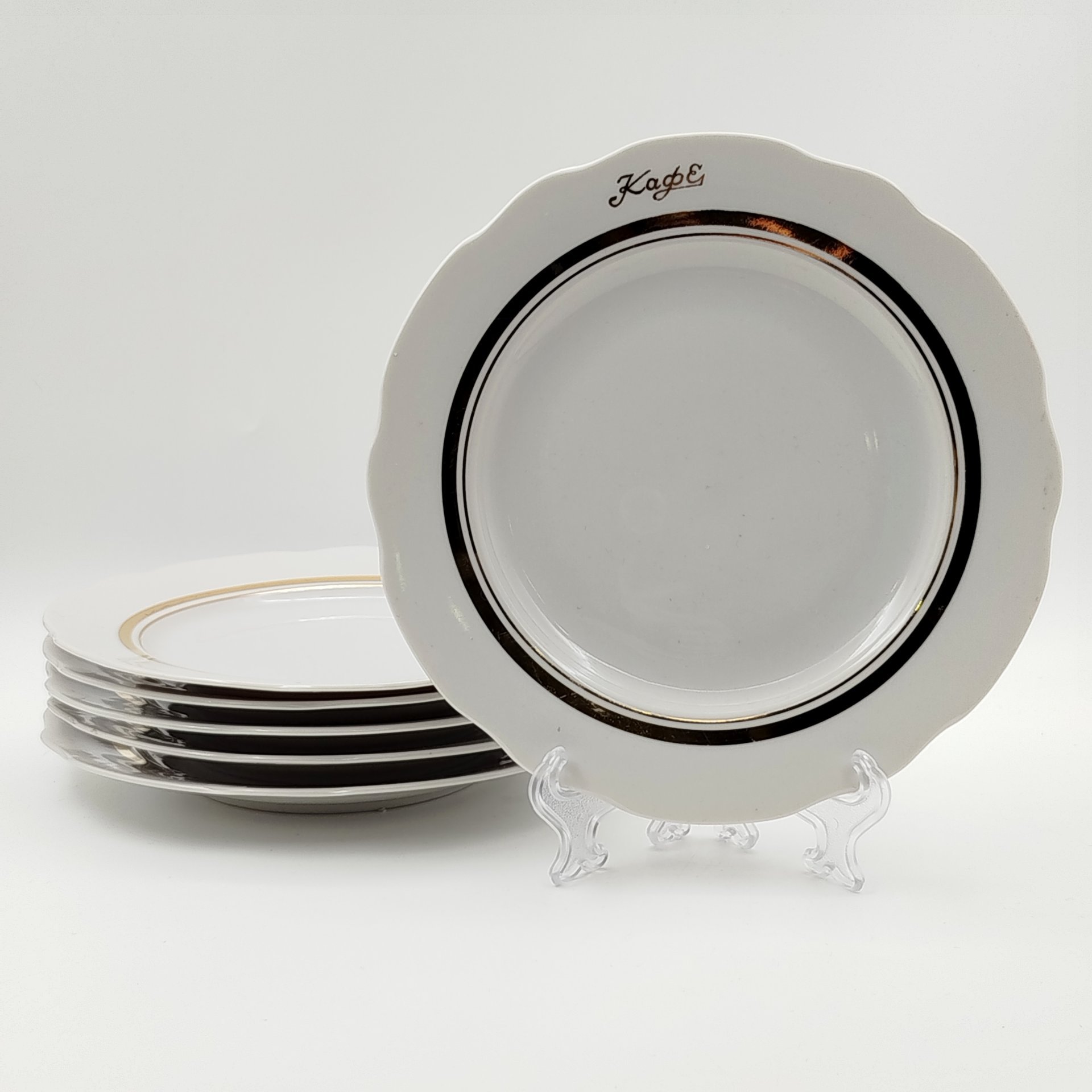 Набор десертных тарелок "Кафе" на 6 персон, фарфор, золочение, Дулевский фарфоровый завод (Дулёво), СССР, 1968-1991 гг.