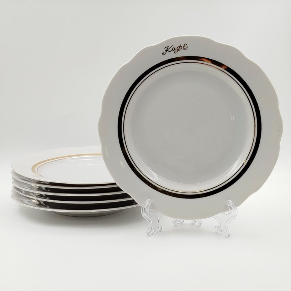 Набор десертных тарелок "Кафе" на 6 персон, фарфор, золочение, Дулевский фарфоровый завод (Дулёво), СССР, 1968-1991 гг.