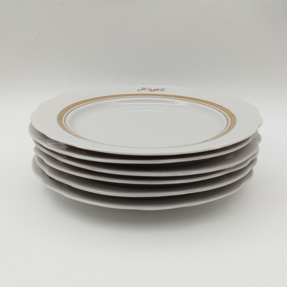 Набор десертных тарелок "Кафе" на 6 персон, фарфор, золочение, Дулевский фарфоровый завод (Дулёво), СССР, 1968-1991 гг.