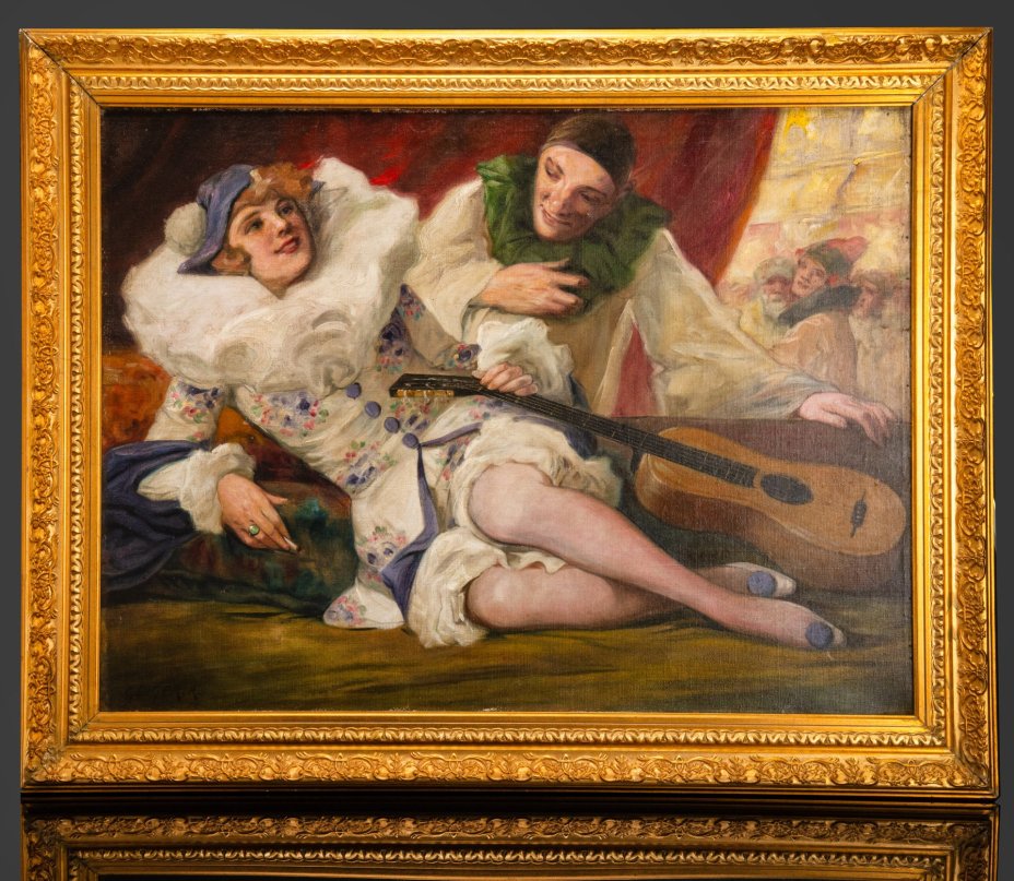 Картина "Пьеро и Коломбина", художник Richard Geiger (Рихард Гейгер), холст, масло, дерево, Венгрия, 1900-1930 гг.
