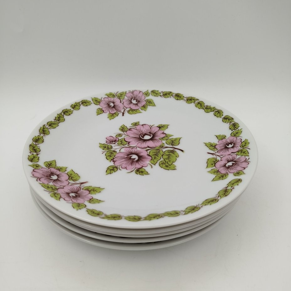 Набор из пяти закусочных/десертных тарелок с цветочным декором в розово-зеленой гамме, фарфор, печать, Epiag Royal Czechoslovakia, Чехословакия, 1970-1990 гг.