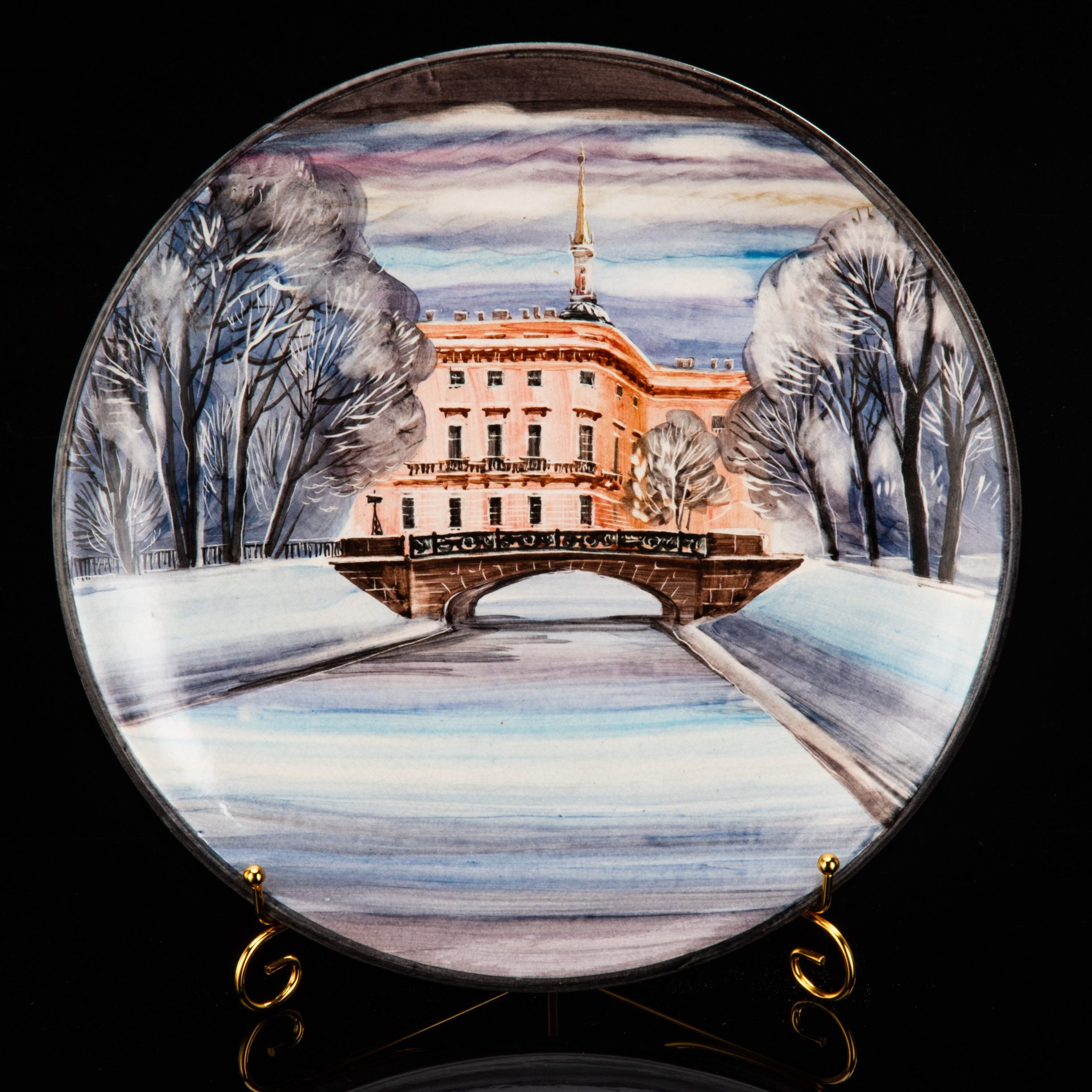 Блюдо настенное "Михайловский замок" (с биркой), художник Соколов Л.А., керамика, роспись, СССР, 1987 г.