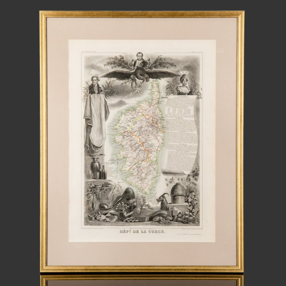 Гравюра "Карта Корсики (Dept. de la Corse)" в раме, автор Виктор Левассер (Victor Levasseur), бумага, печать, дерево стекло, Франция, 1840-1860 гг.
