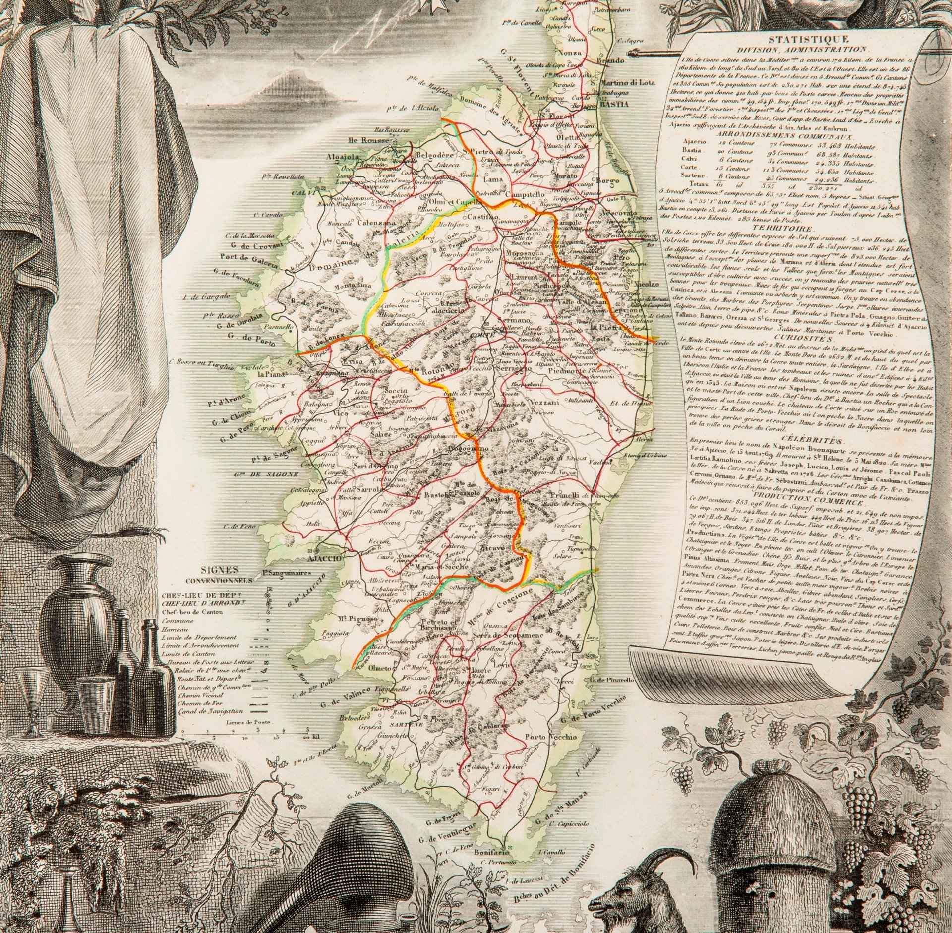 Гравюра "Карта Корсики (Dept. de la Corse)" в раме, автор Виктор Левассер (Victor Levasseur), бумага, печать, дерево стекло, Франция, 1840-1860 гг.