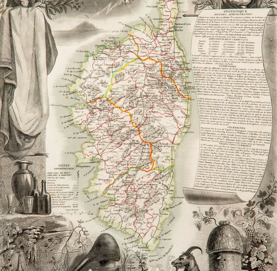 Гравюра "Карта Корсики (Dept. de la Corse)" в раме, автор Виктор Левассер (Victor Levasseur), бумага, печать, дерево стекло, Франция, 1840-1860 гг.