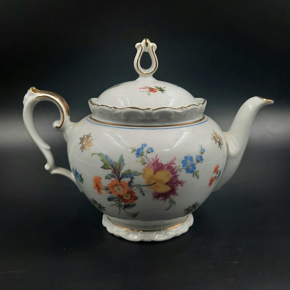 Чайник заварочный с цветочным декором, фарфор, деколь, золочение, Kahla, Германия, 1937-1957 гг.