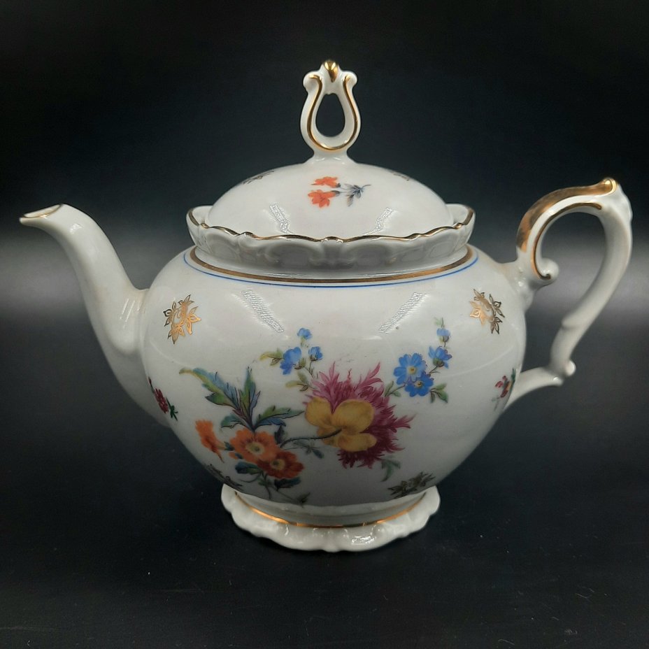 Чайник заварочный с цветочным декором, фарфор, деколь, золочение, Kahla, Германия, 1937-1957 гг., Kahla