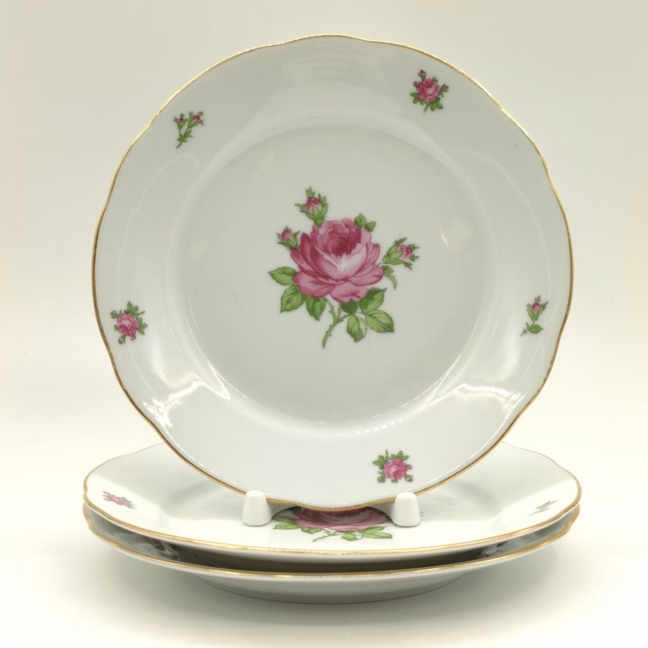 Набор из 6-ти обеденных и 3-х десертных тарелок "Мейсенская роза", фарфор, деколь, золочение, Colditz (Кольдиц), ГДР, 1970-1980 гг.