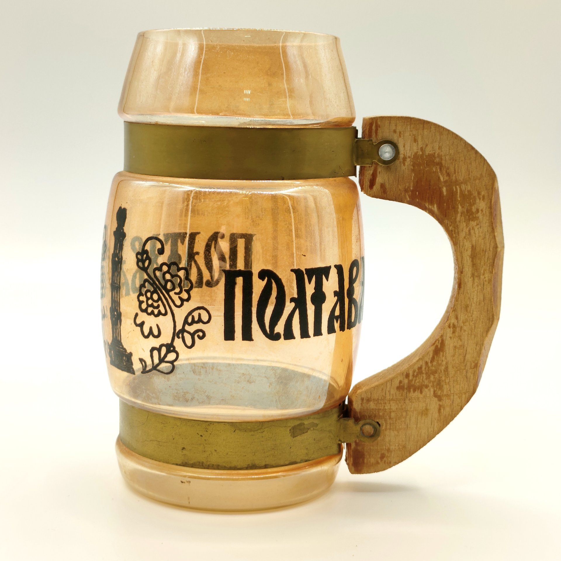 Кружка сувенирная "Полтава" с массивной ручкой, цветное стекло, дерево, металл, деколь, СССР, 1980-1990 гг.