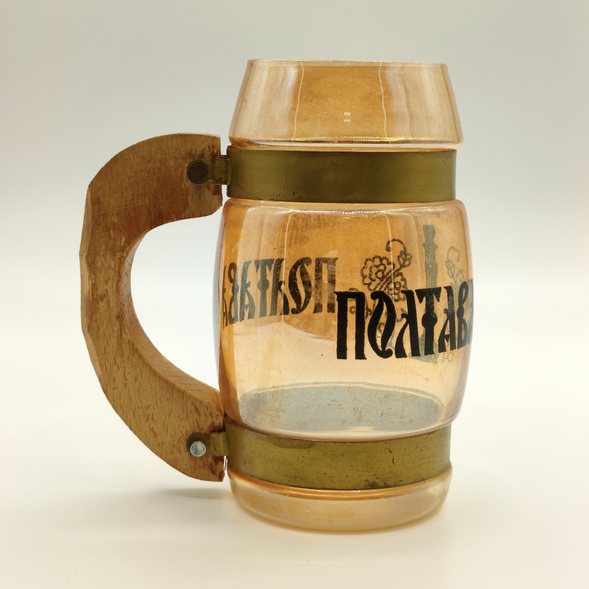 Кружка сувенирная "Полтава" с массивной ручкой, цветное стекло, дерево, металл, деколь, СССР, 1980-1990 гг.