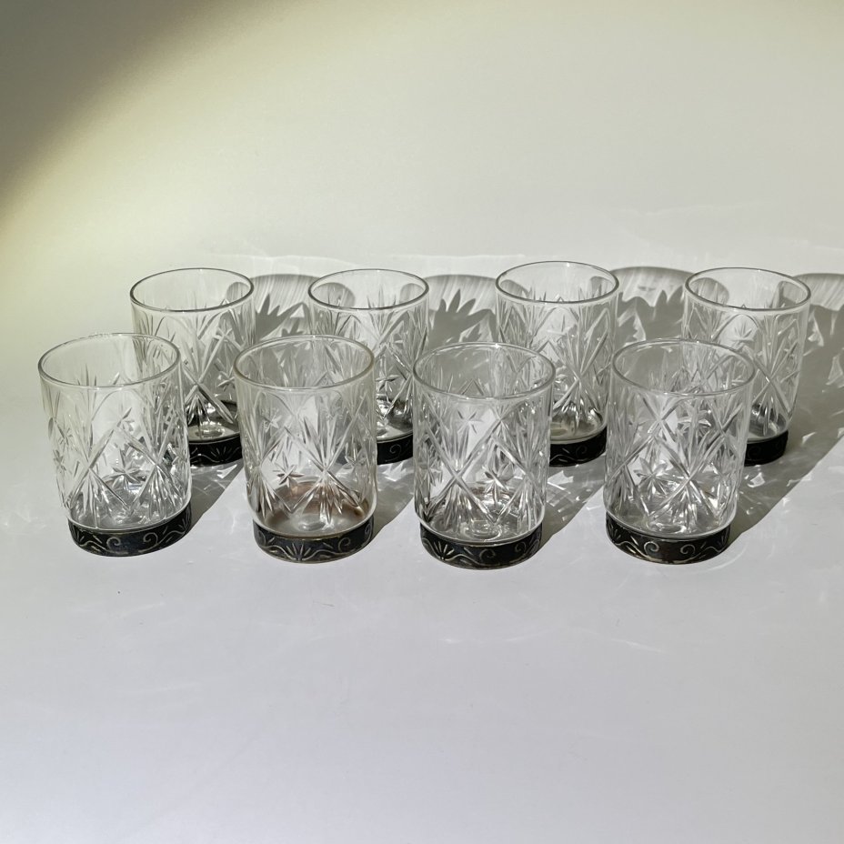 Набор из 8 стопок с металлическим дном, хрусталь, металл, СССР, 1970-1990 гг.