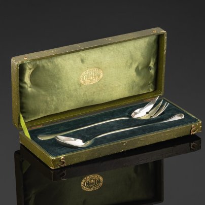 Сервировочный набор для салата (ложка и вилка) в оригинальной коробке, металл, серебрение, Christofle, Франция, 1880-1935 гг.