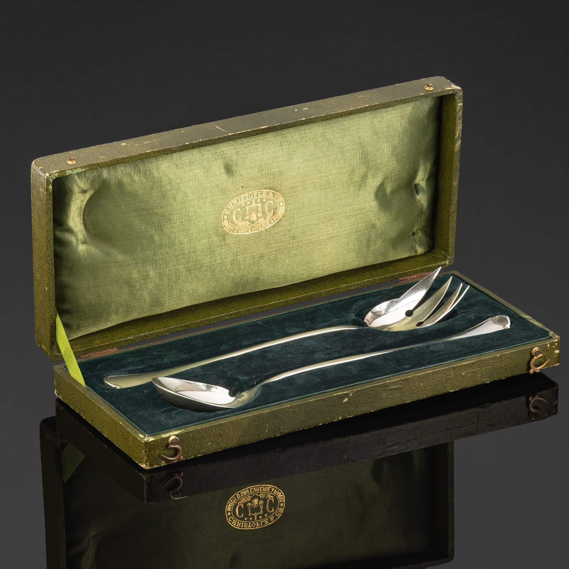 Сервировочный набор для салата (ложка и вилка) в оригинальной коробке, металл, серебрение, Christofle, Франция, 1880-1935 гг.