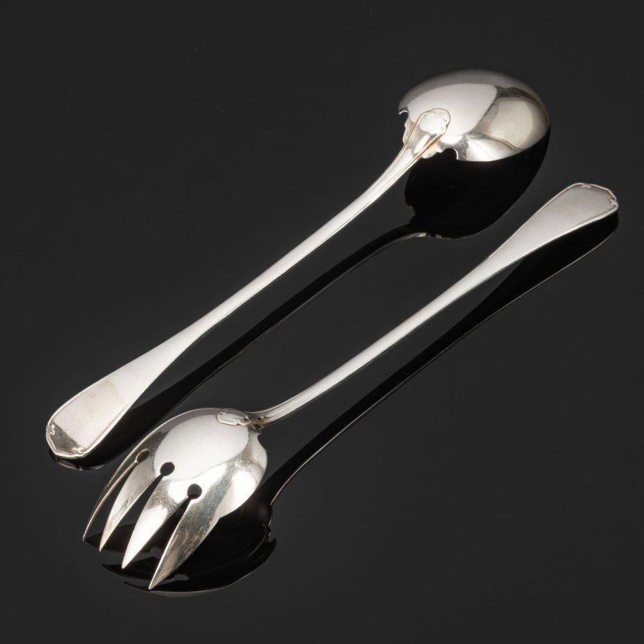 Сервировочный набор для салата (ложка и вилка) в оригинальной коробке, металл, серебрение, Christofle, Франция, 1880-1935 гг.