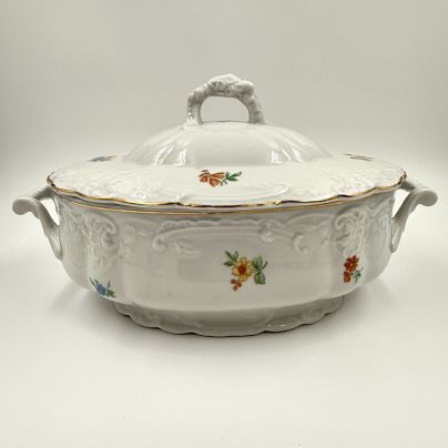 Терина с цветочным декором, фарфор, деколь, рельеф, золочение, Барановский фарфоровый завод, СССР, 1940-1950 гг.