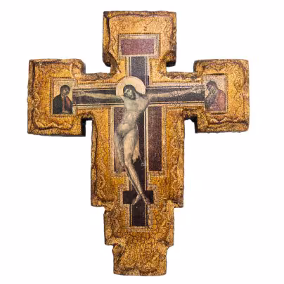 "Распятие" (репродукция с произведения Чимабуэ из базилики Санта-Кроче), дерево, грунт, краска, печать, Западная Европа, 1970-1990 гг.