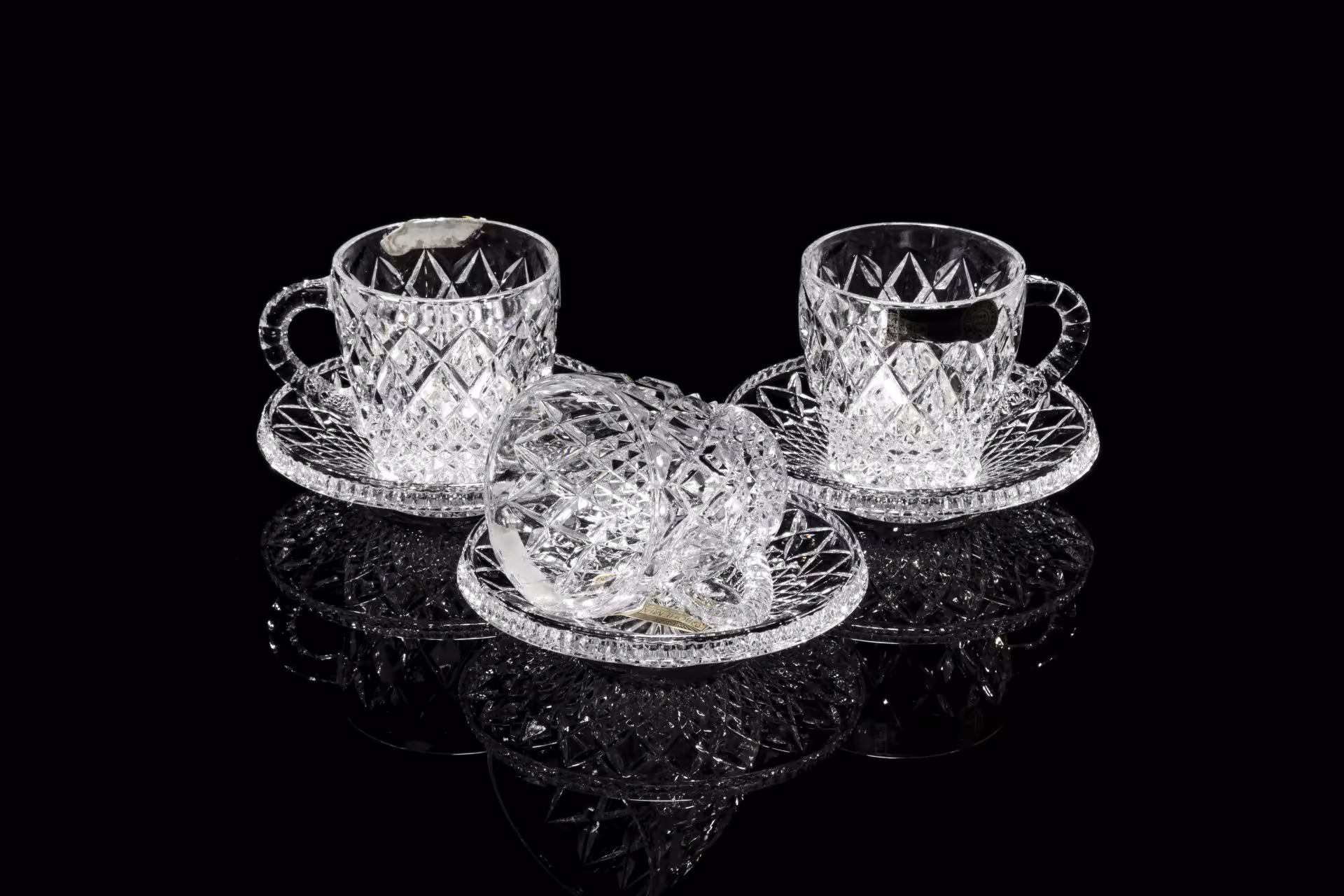 Набор из 3 чайных пар с рельефным декором, хрусталь, фирма "Bohemia Crystal", Чехия, 1992-2010 гг., Bohemia Crystal (Bohemia Glass)