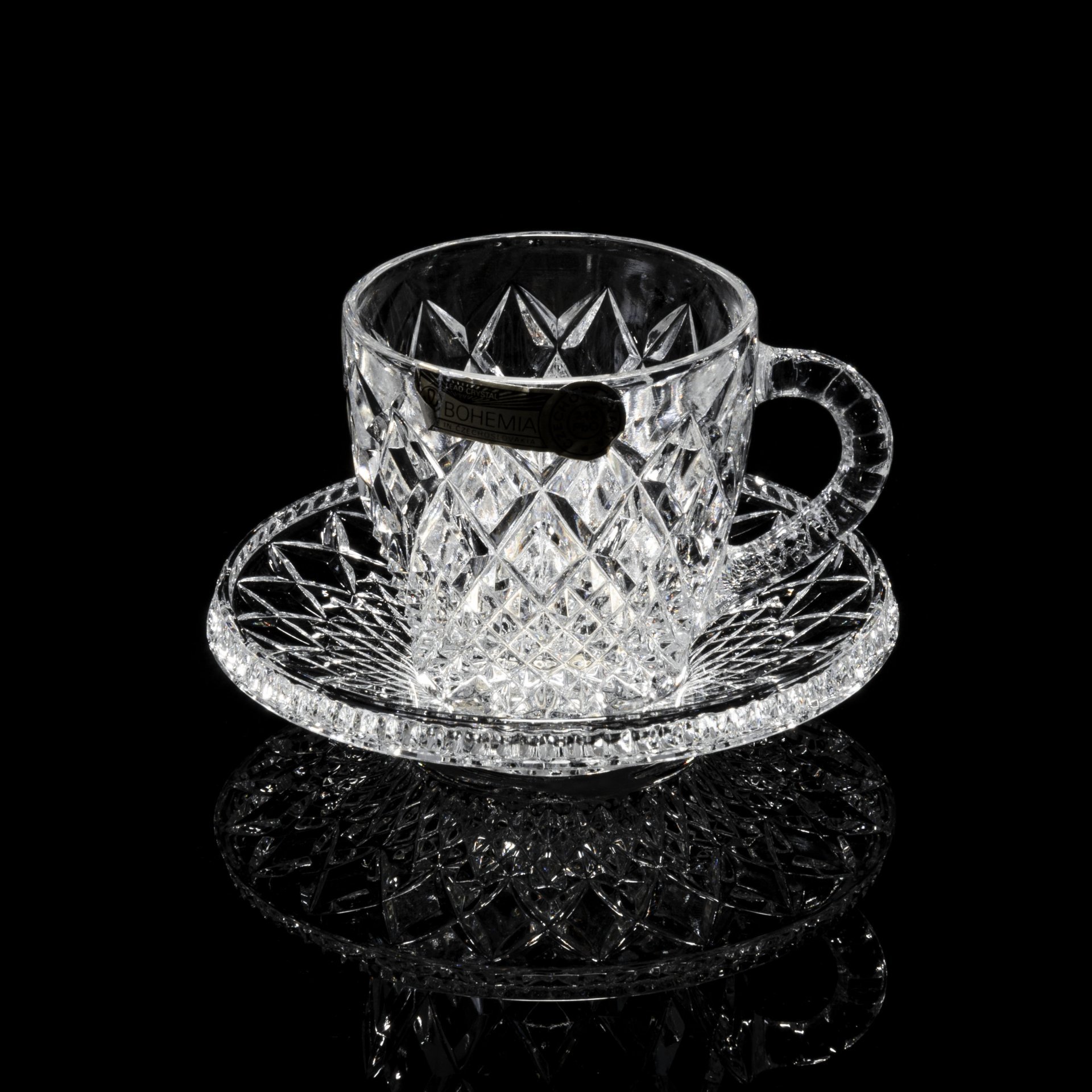 Набор из 3 чайных пар с рельефным декором, хрусталь, фирма "Bohemia Crystal", Чехия, 1992-2010 гг., Bohemia Crystal (Bohemia Glass)