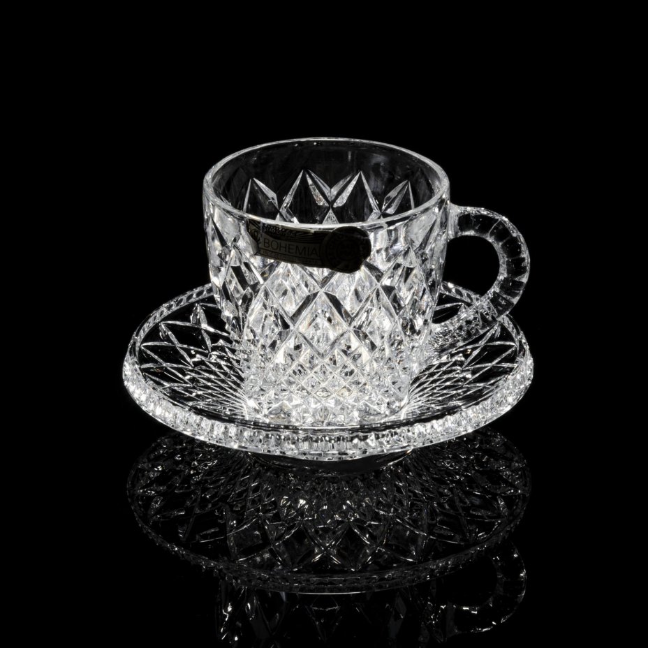 Набор из 3 чайных пар с рельефным декором, хрусталь, фирма "Bohemia Crystal", Чехия, 1992-2010 гг., Bohemia Crystal (Bohemia Glass)