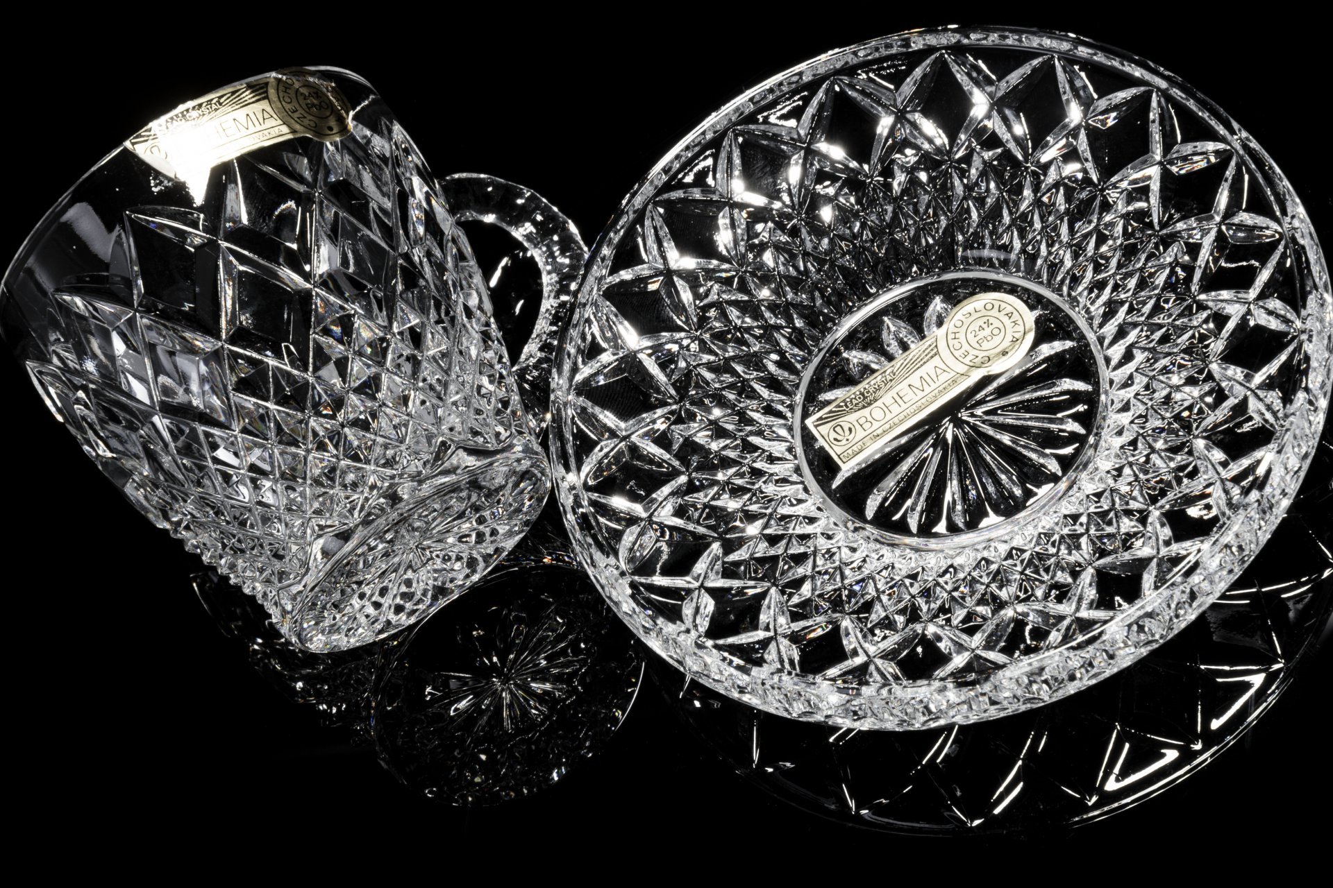 Набор из 3 чайных пар с рельефным декором, хрусталь, фирма "Bohemia Crystal", Чехия, 1992-2010 гг., Bohemia Crystal (Bohemia Glass)