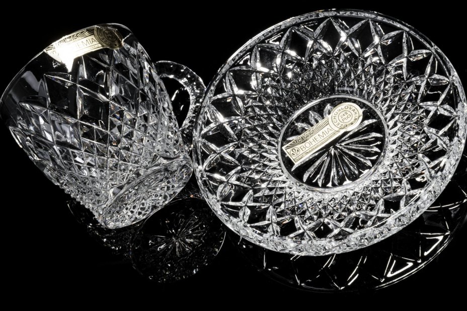 Набор из 3 чайных пар с рельефным декором, хрусталь, фирма "Bohemia Crystal", Чехия, 1992-2010 гг., Bohemia Crystal (Bohemia Glass)