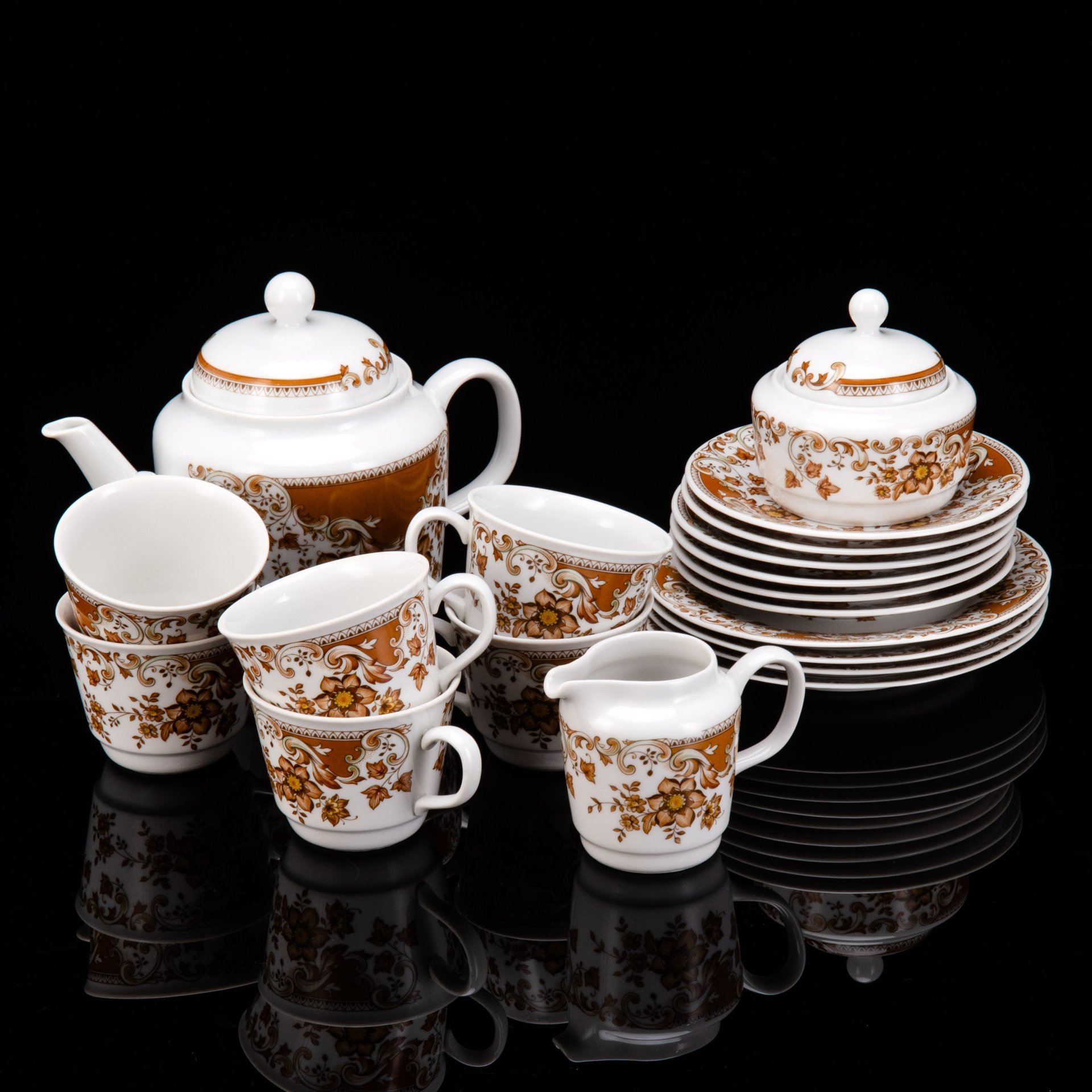 Сервиз чайный с цветочным орнаментом в охристой гамме на 6 персон (19 предметов), фарфор, печать, Moritz Zdekauer (MZ), Чехословакия, 1970-1990 гг.