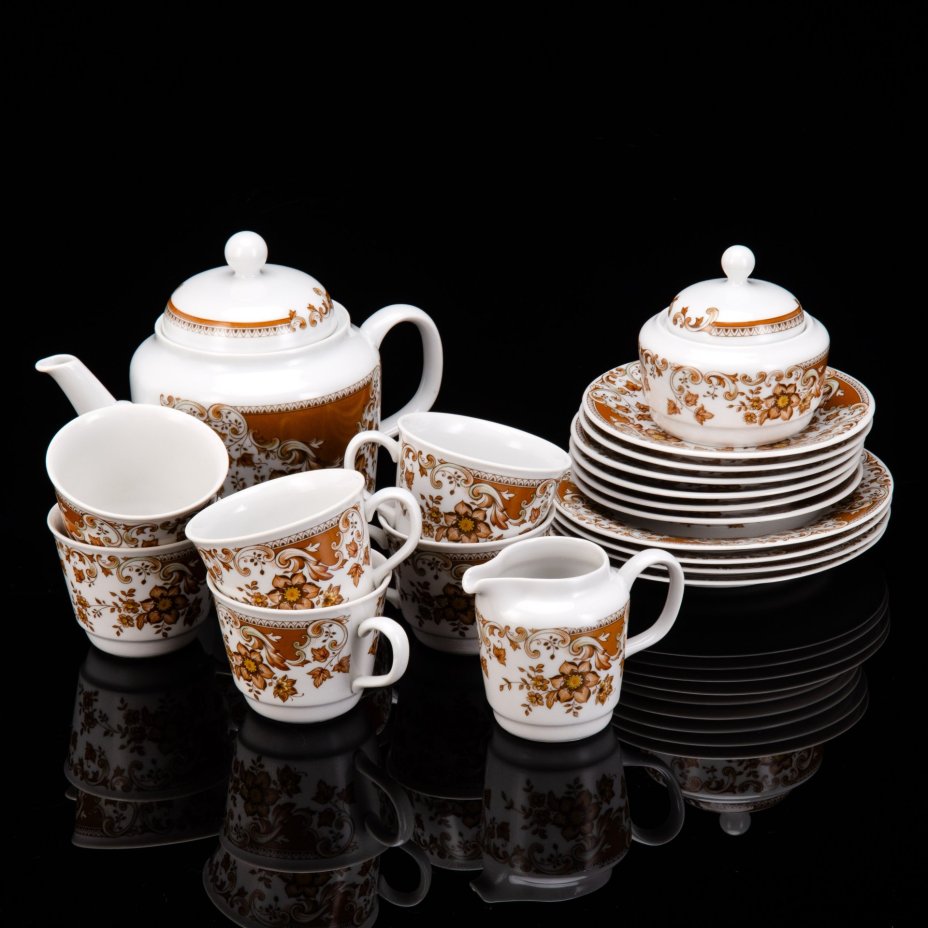 Сервиз чайный с цветочным орнаментом в охристой гамме на 6 персон (19 предметов), фарфор, печать, Moritz Zdekauer (MZ), Чехословакия, 1970-1990 гг.