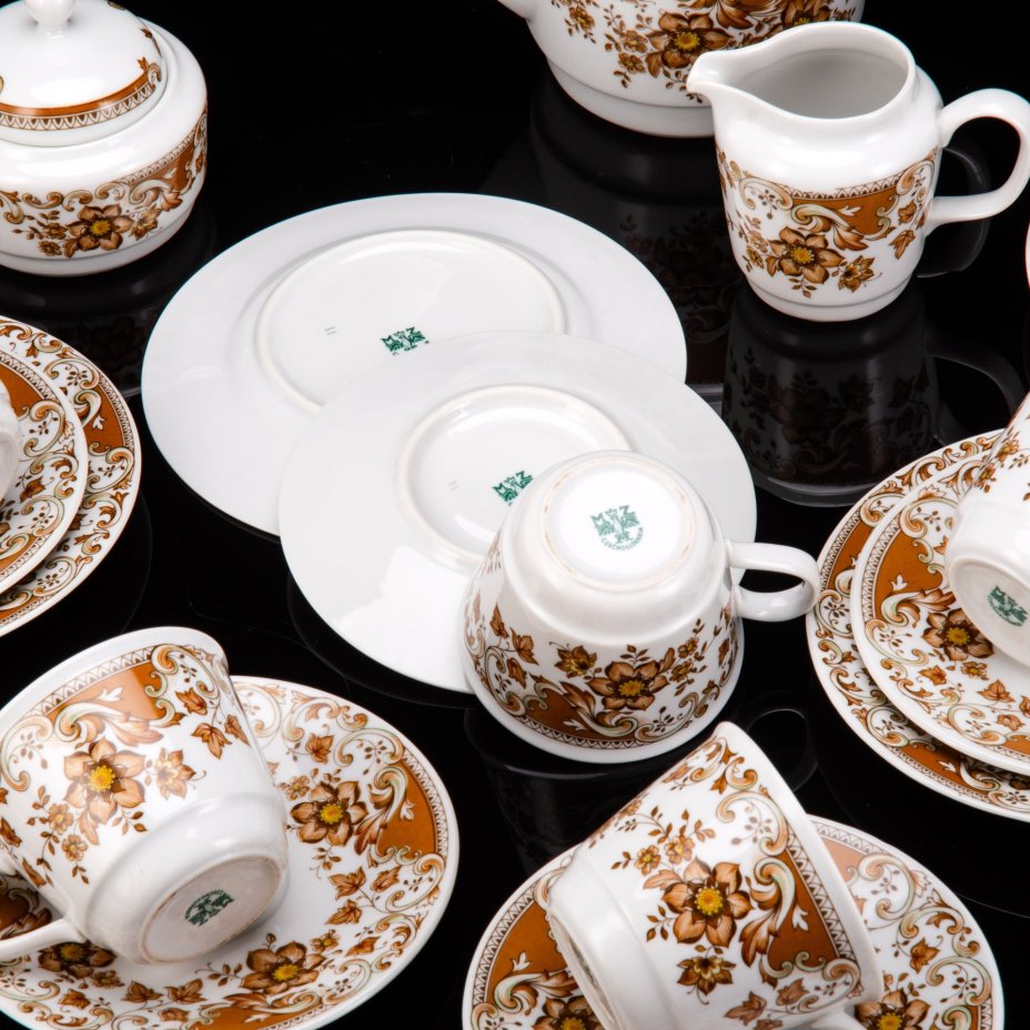 Сервиз чайный с цветочным орнаментом в охристой гамме на 6 персон (19 предметов), фарфор, печать, Moritz Zdekauer (MZ), Чехословакия, 1970-1990 гг.