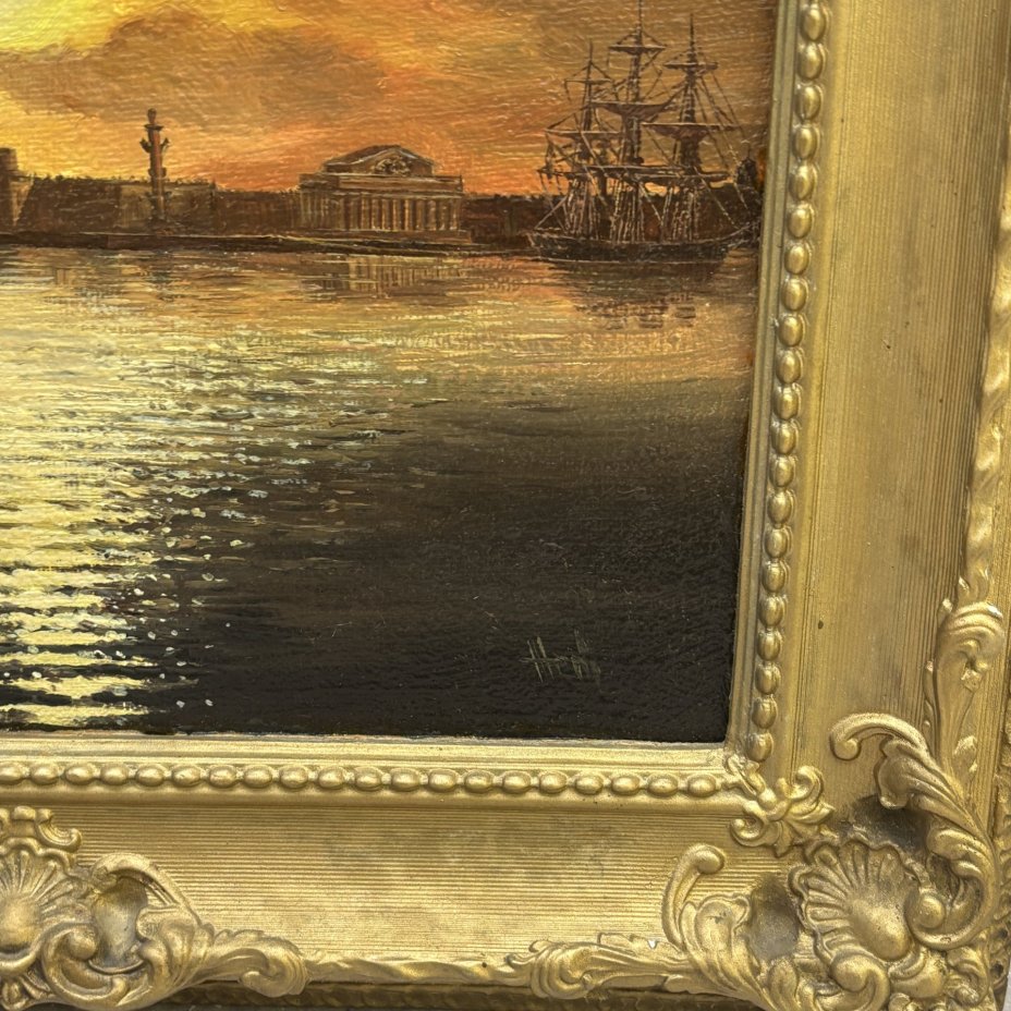 Картина "Петербург. 1825 г." в раме, художник Жебровский И., холст, масло, гипс, золочение, Россия, 1980-2000 гг.
