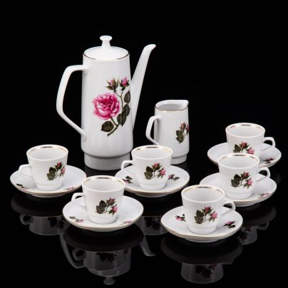 Сервиз кофейный с декором в виде роз на 6 персон (14 предметов), фарфор, деколь, золочение, Colditz (Кольдиц), ГДР, 1960-1990 гг.