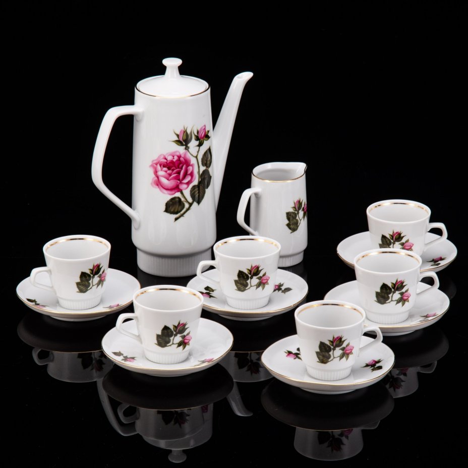 Сервиз кофейный с декором в виде роз на 6 персон (14 предметов), фарфор, деколь, золочение, Colditz (Кольдиц), ГДР, 1960-1990 гг.