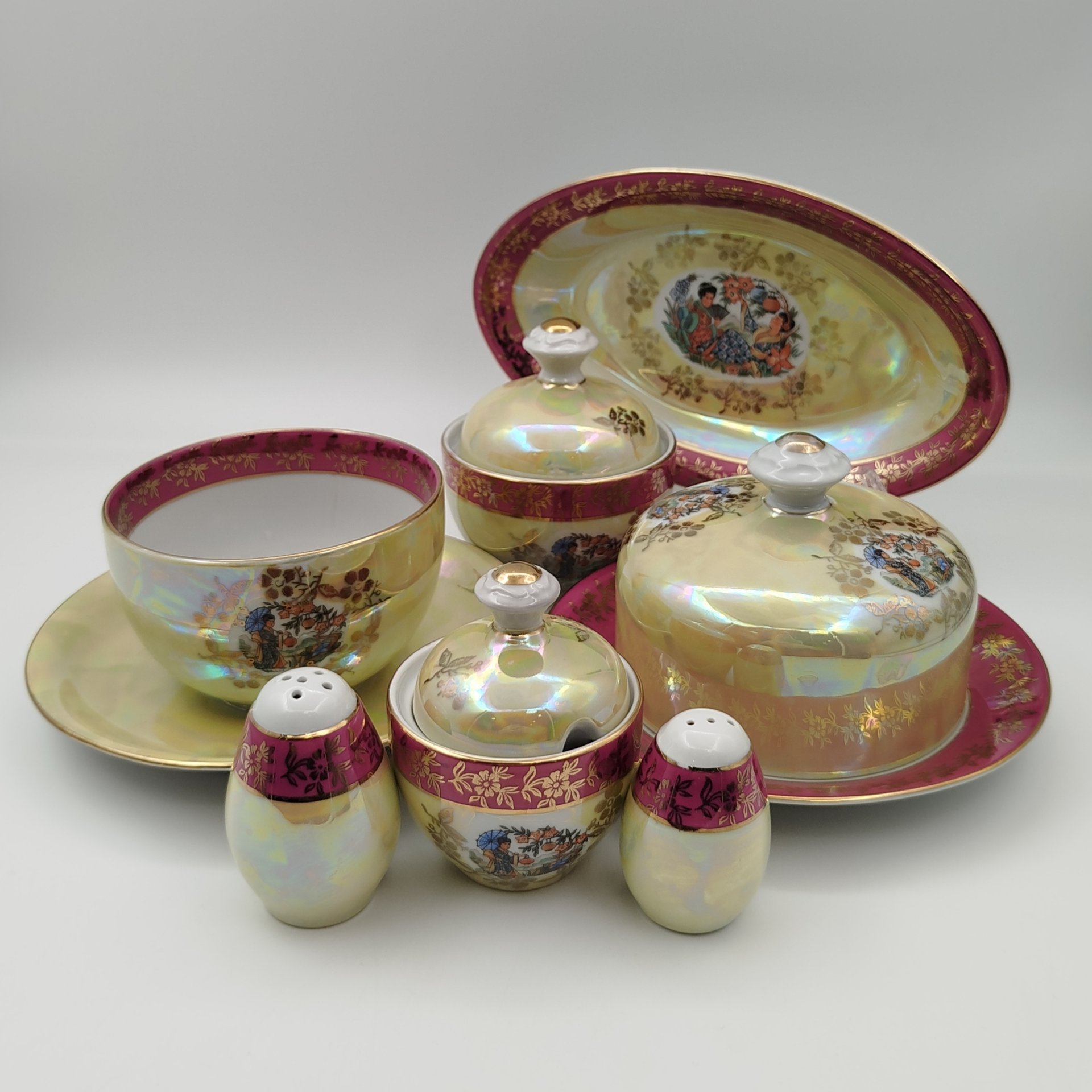 Набор сервировочный из сервиза "Гейша" (7 предметов), фарфор, люстр, деколь, золочение, Spezial Eisenberg Porzellan (SEP), ГДР, 1960-1980 гг.