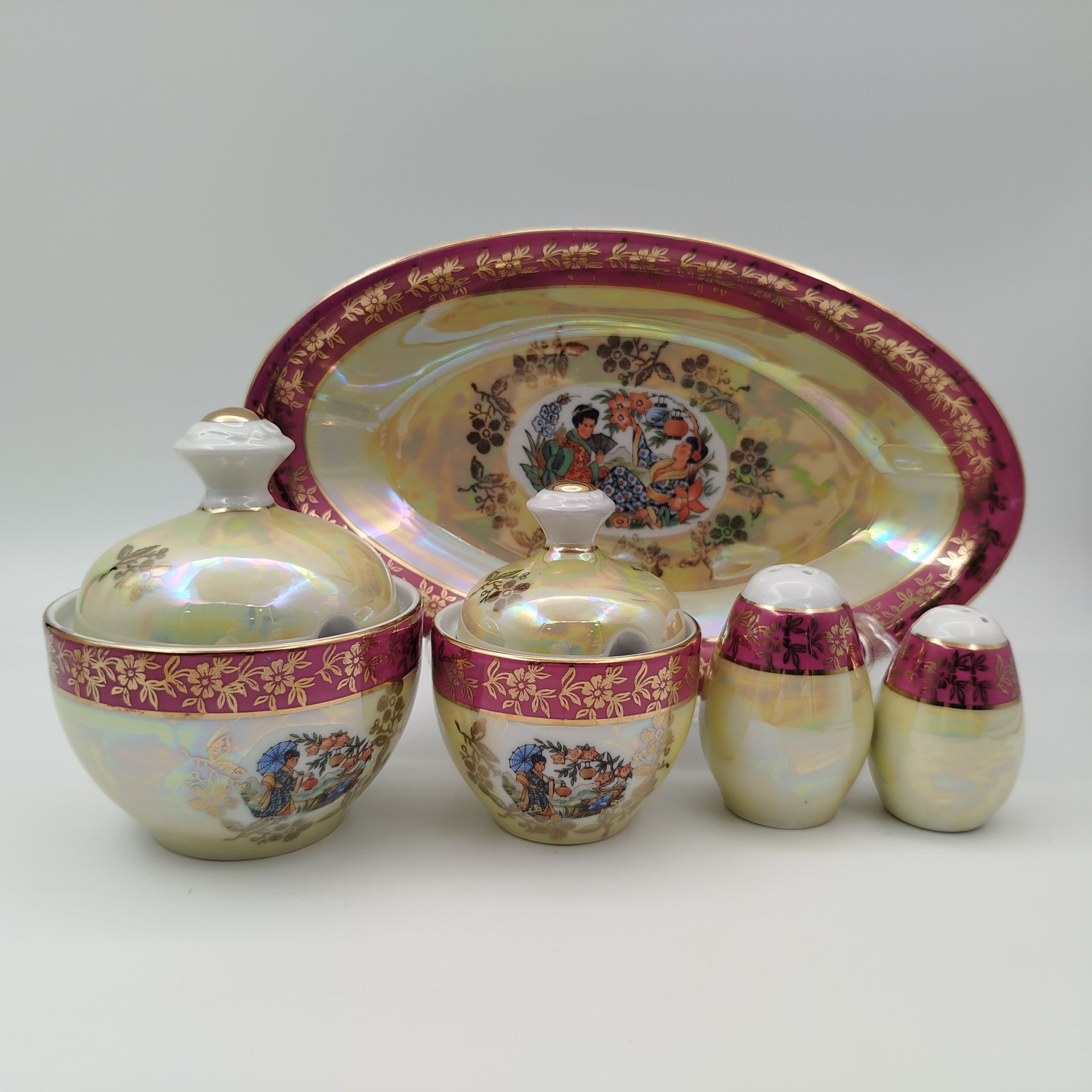 Набор сервировочный из сервиза "Гейша" (7 предметов), фарфор, люстр, деколь, золочение, Spezial Eisenberg Porzellan (SEP), ГДР, 1960-1980 гг.