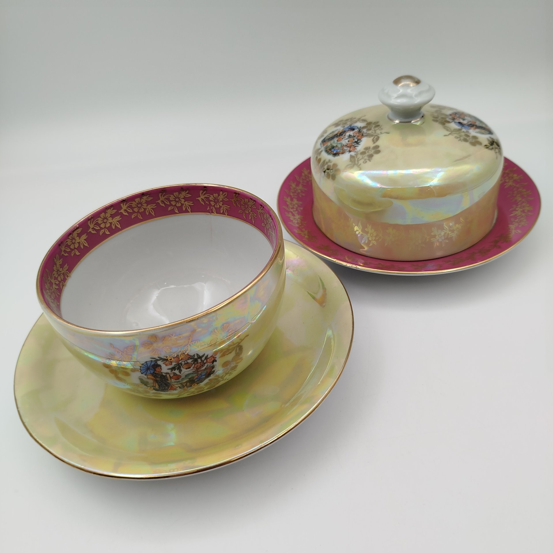 Набор сервировочный из сервиза "Гейша" (7 предметов), фарфор, люстр, деколь, золочение, Spezial Eisenberg Porzellan (SEP), ГДР, 1960-1980 гг.