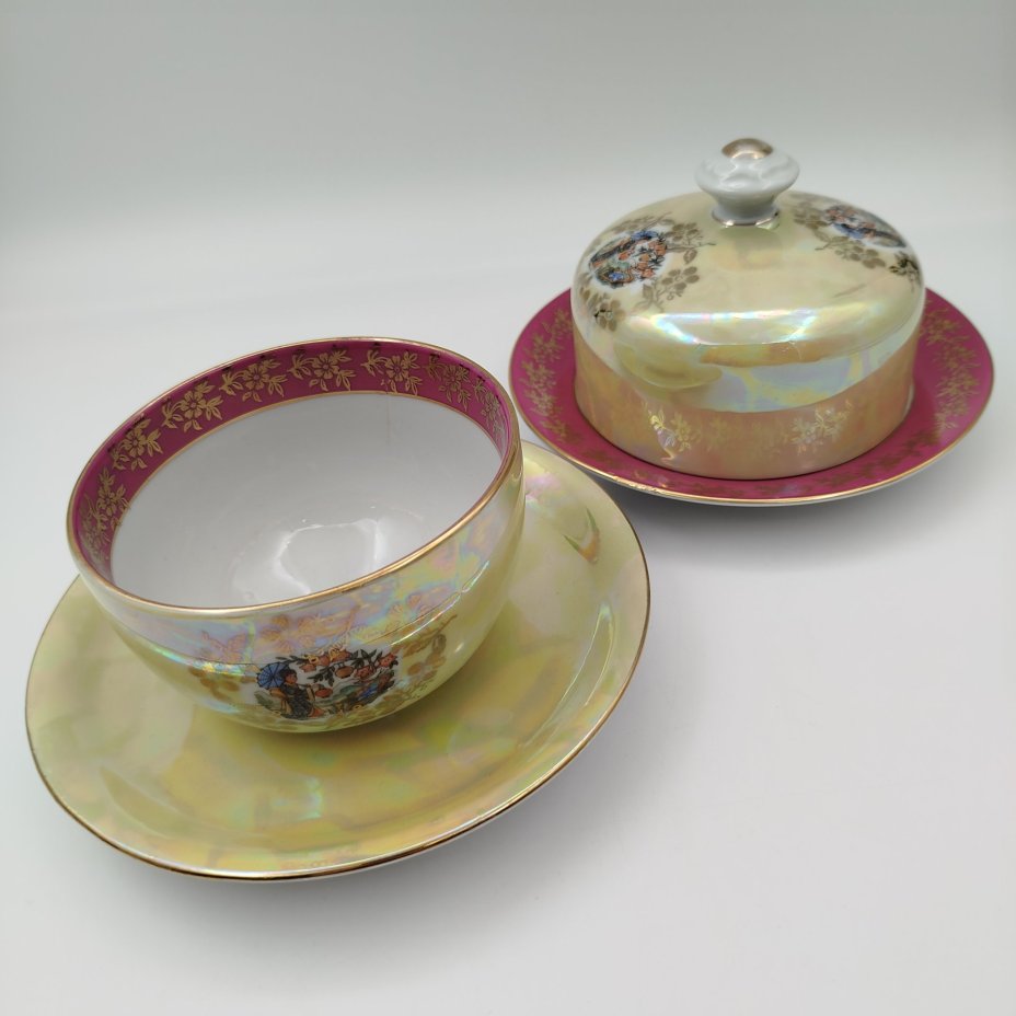 Набор сервировочный из сервиза "Гейша" (7 предметов), фарфор, люстр, деколь, золочение, Spezial Eisenberg Porzellan (SEP), ГДР, 1960-1980 гг.