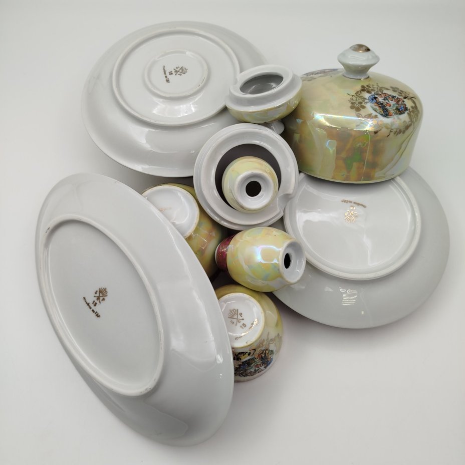 Набор сервировочный из сервиза "Гейша" (7 предметов), фарфор, люстр, деколь, золочение, Spezial Eisenberg Porzellan (SEP), ГДР, 1960-1980 гг.