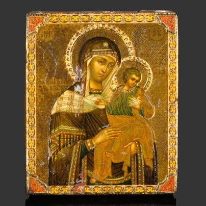 Икона Божией Матери «Коневская», дерево, хромолитография на жести (печать), Фабрика «Жако и Бонакер», Российская империя, 1890-1915 гг.