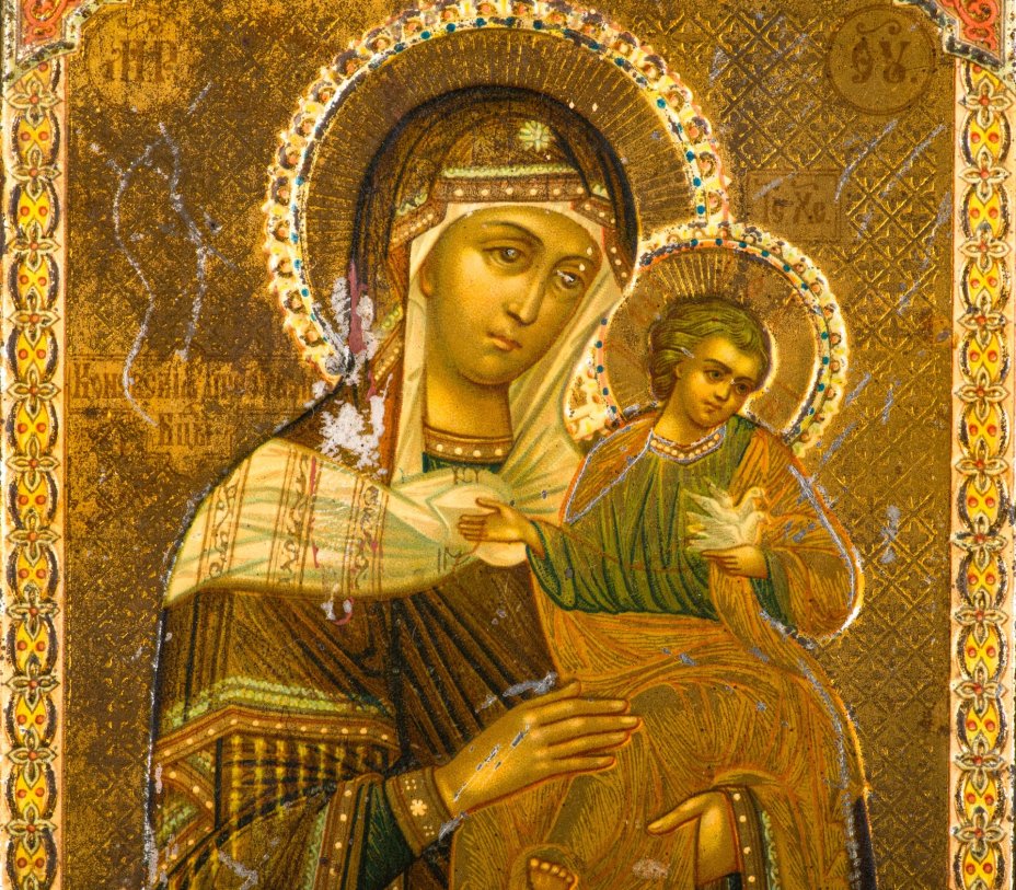 Икона Божией Матери «Коневская», дерево, хромолитография на жести (печать), Фабрика «Жако и Бонакер», Российская империя, 1890-1915 гг.
