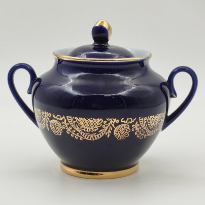Сахарница "Золотой фриз", автор Косенкова К.Г., фарфор, крытье кобальтом, золочение, Ленинградский фарфоровый завод (ЛФЗ), СССР, 1970-1991 гг.