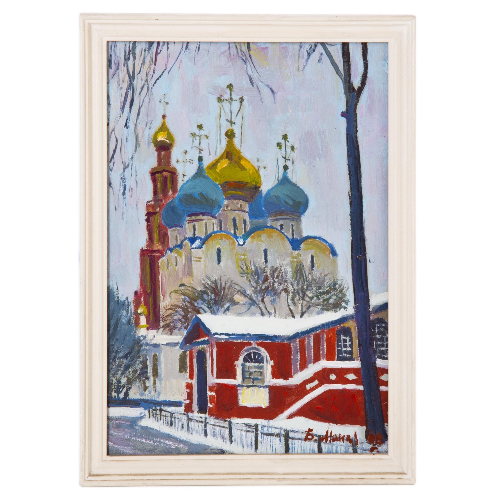 Картина "Смоленский собор Новодевичьего монастыря" в раме, художник Манаков Борис Александрович, бумага, картон, масло, Художник Манаков Борис Александрович, СССР, 1988 г.